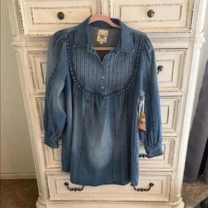 Denim Pintuck Bib Tunic - Light Blue